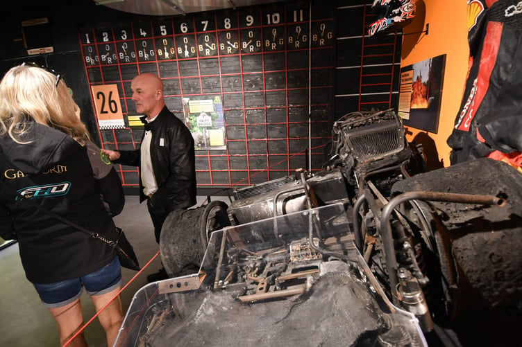 The official opening of the permanent TT Gallery at the Manx Museum - Dave Molyneux with his burned-out 2006 sidecar