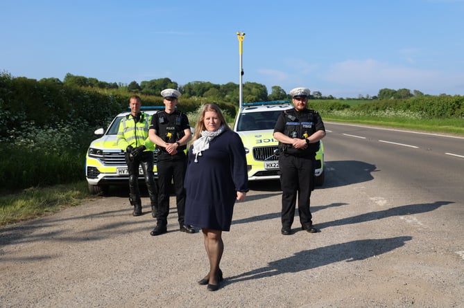 PCC Donna Jones in front of one of the new average speed cameras and officers in the Roads Policing Unit on the A32 West Meon. From left to right – Inspector Andy Tester and PC Owen Athersuch, PCC Donna Jones, PC Aaron Bendall