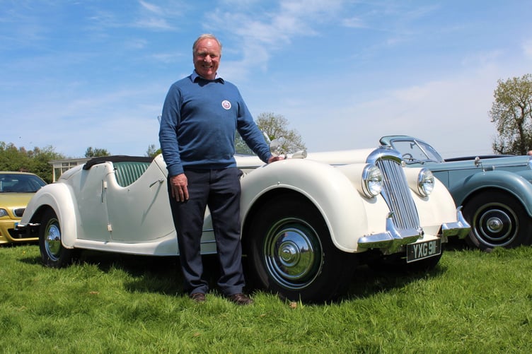 Mike Overfield-Collins from near Yeoford with his two Rileys, the white one is a 1950 2.5 litre RML Roadster, the grey one a 1953 1.5 litre Reinbolt drophead. SR 7880