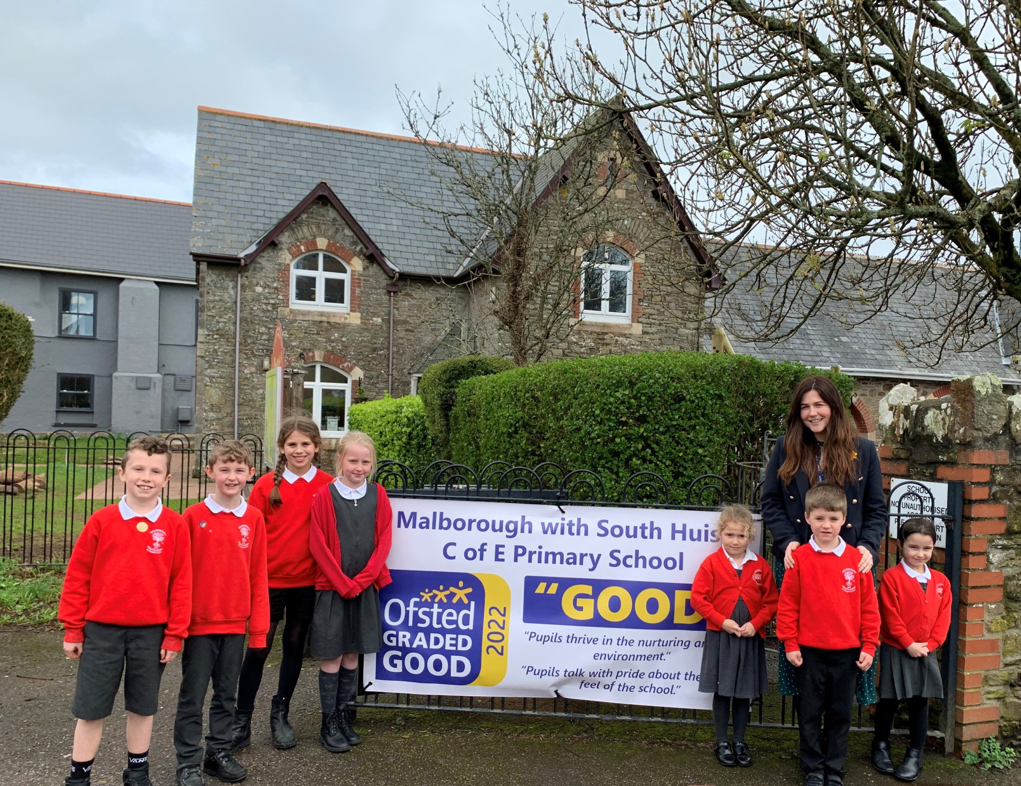 Pictures show the school children, Maypole dancing and, below, the Pre School and celebrating a ‘Good’ Oftsed report