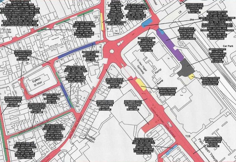 Map detailing parking and driving restrictions in Aberystwyth