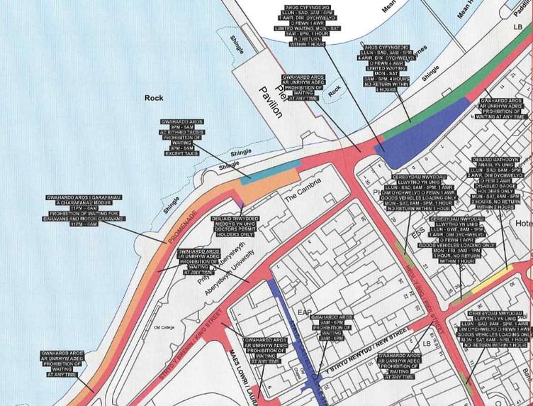 Map detailing parking and driving restrictions in Aberystwyth