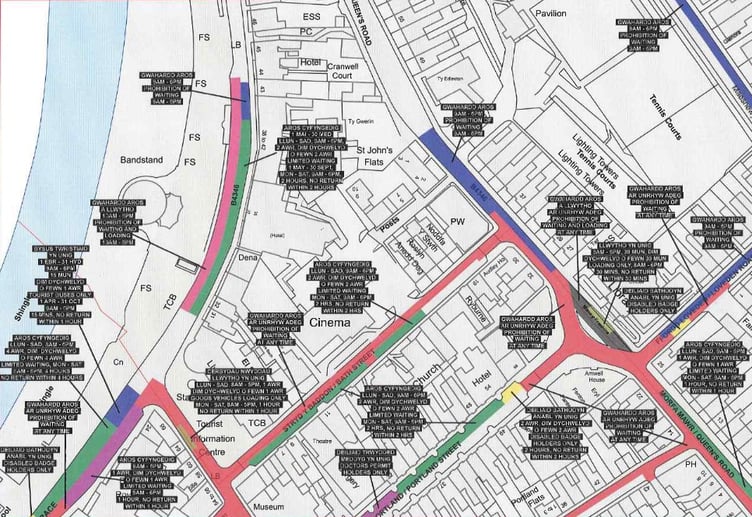 Map detailing parking and driving restrictions in Aberystwyth