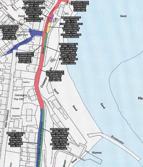Map detailing parking and driving restrictions in Aberystwyth
