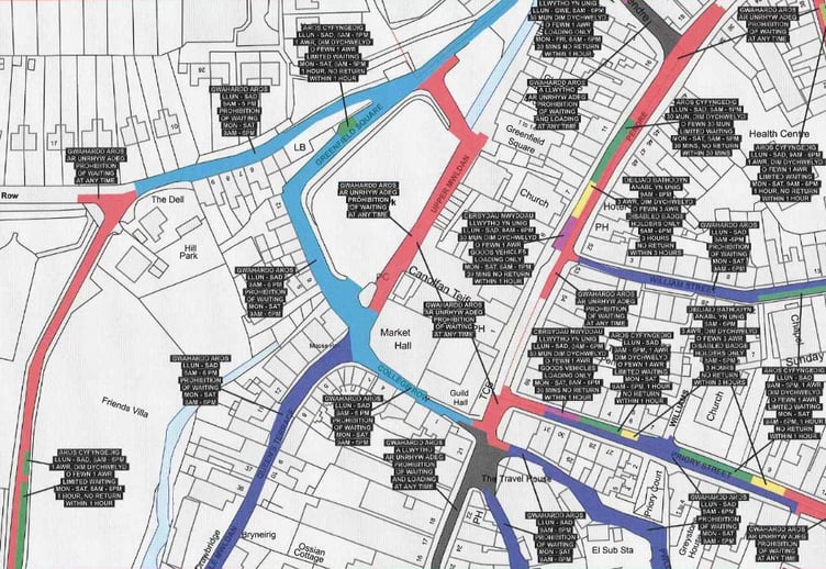 Map detailing parking and driving restrictions in Cardigan