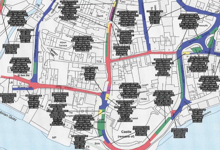 Map detailing parking and driving restrictions in Cardigan