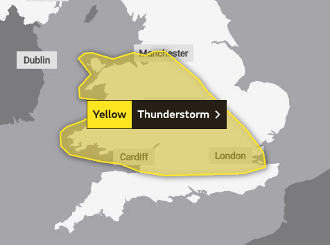 A Met Office yellow weather warning has been issued for thunderstorms this weekend