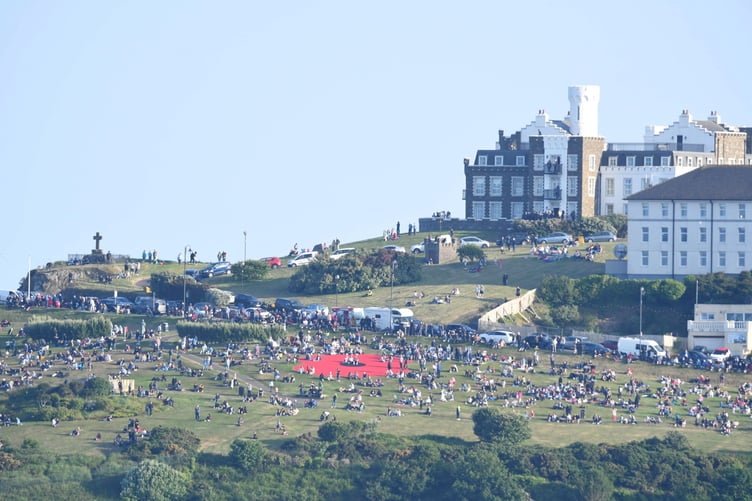 Crowds watching the red arrows display over Douglas -