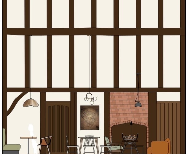 An illustration of the first floor seating area at Farnham's new Harris + Hoole cafe