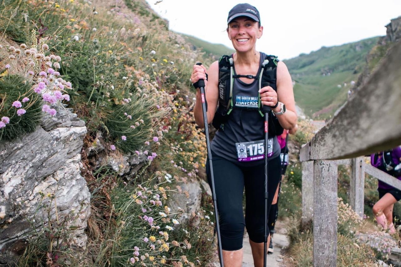 MAIN: Jo-Anne Turner on the South West Coast Path. CIRCLE: Jo Page with her Shiver Me Timbers medal.