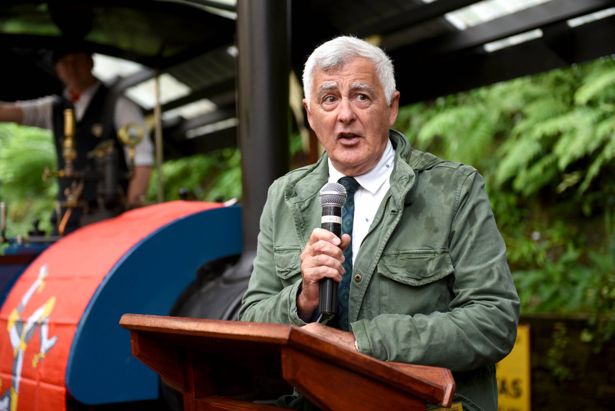 The Groudle Glen Railway officially unveils new trains Otter (coloured blue) and Brown Bear (coloured brown) - Charles Guard unveils Otter