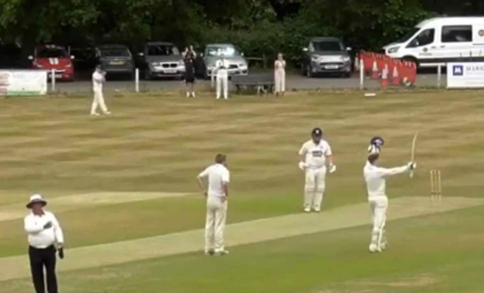 <p>Farnham’s Nathan Thorpe celebrates his century against Bank of England</p>