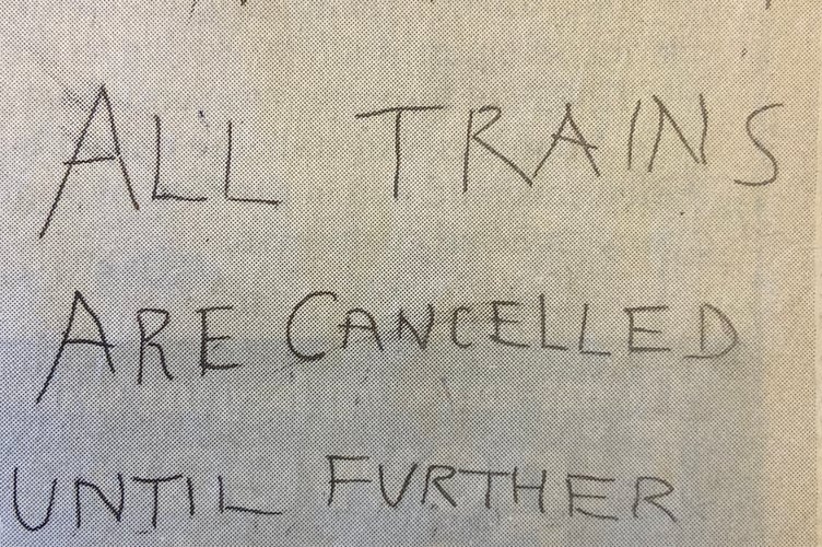 A notice posted on the front of Farnham Station in the wake of the Great Storm in October 1987