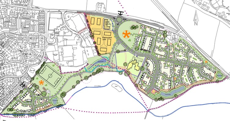 The proposed layout of the new homes, school and employment land