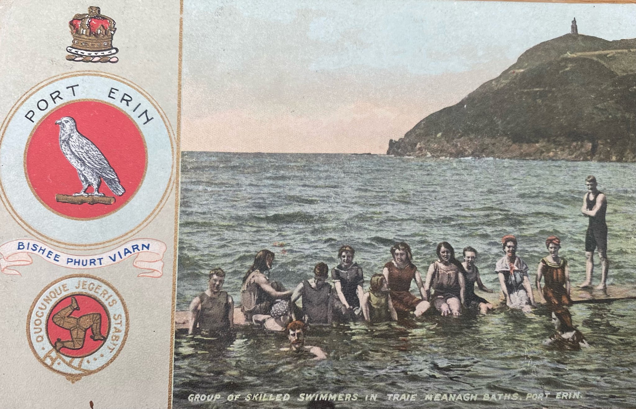 An old postcard featuring swimming in Port Erin