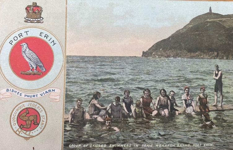 An old postcard featuring swimming in Port Erin