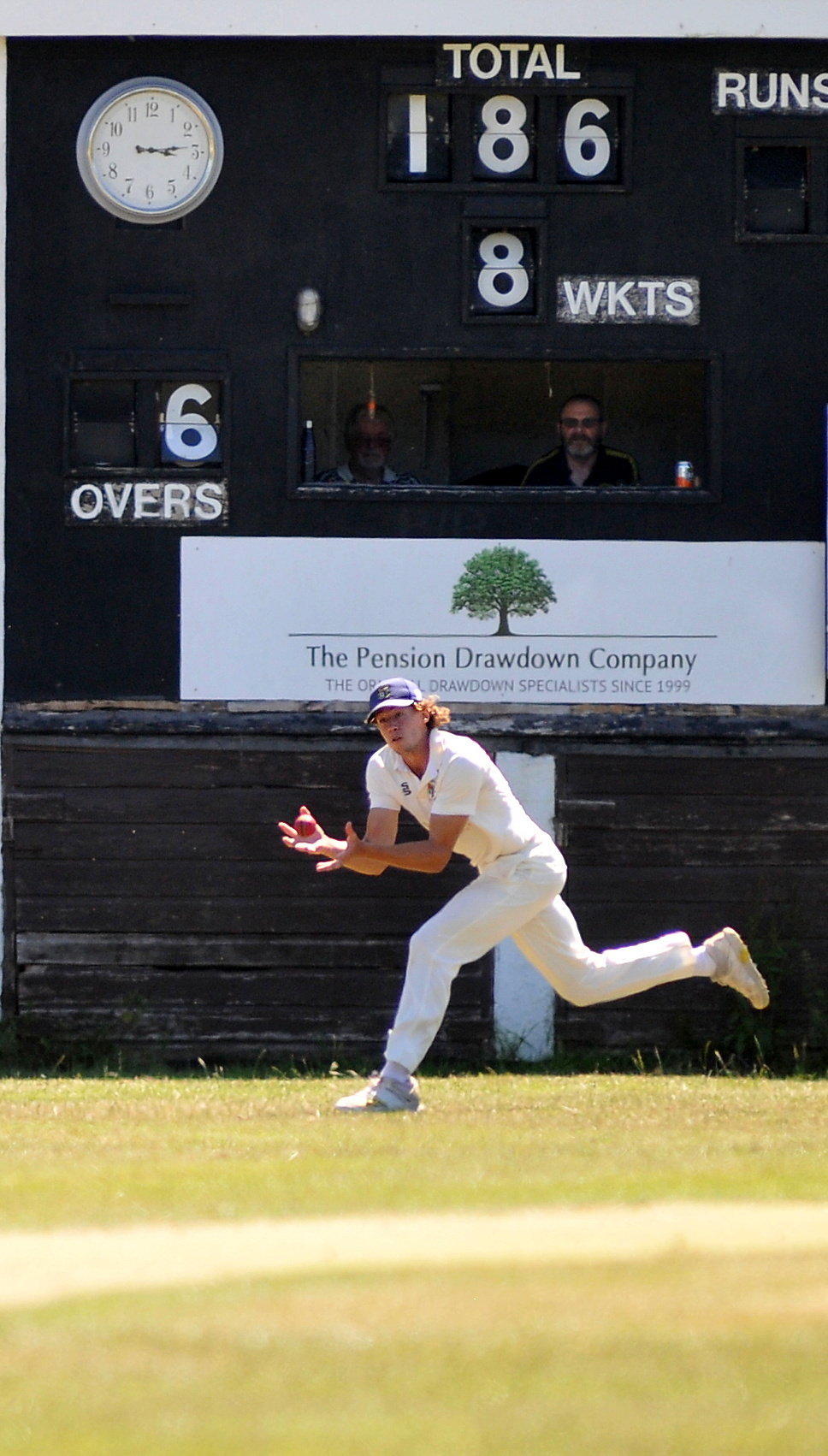 MDA240623C_SP004 Photo: Steve Pope
Devon Cricket League B Division. Chudleigh versus Bridestowe. Harrison May collects the ball belted skyward by Bridestowe's skipper Daniel Forgarty off Kim Singh's bowling