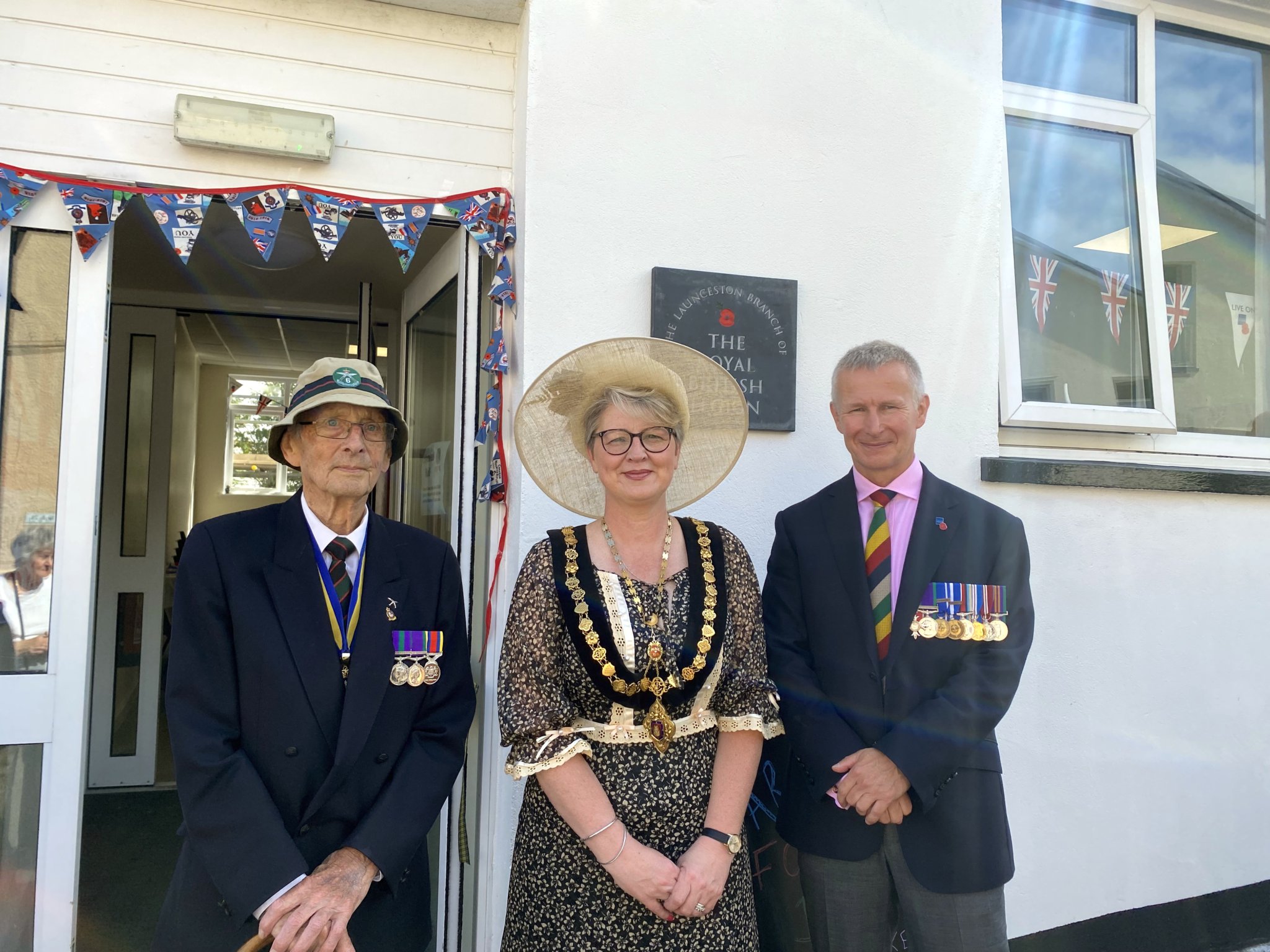 Launceston branch President John Knights and Chairman Paul Oliver MBE with Mayor of Launceston Cllr Helen Bailey following the ribbon cutting
