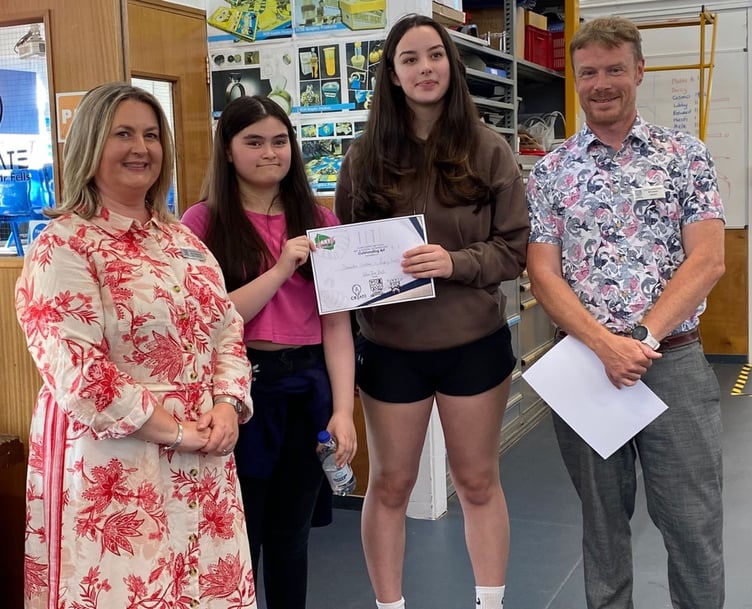 Samantha Christian and Poppy Irving were the winners of the Year 11 art prize for Outstanding Work. They are pictured with deputy head teacher Nicola Kennedy and head of art Kristian Edwards