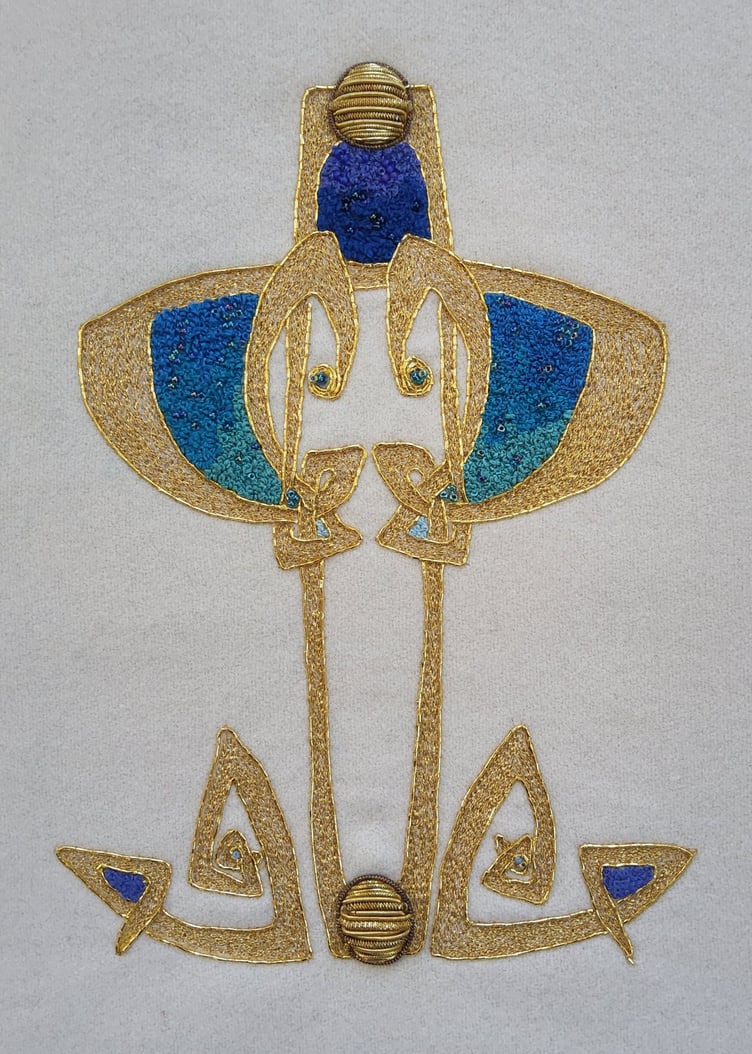 Goldwork by Dee Newson – Machine and hand embroidered gold work piece using metal threads