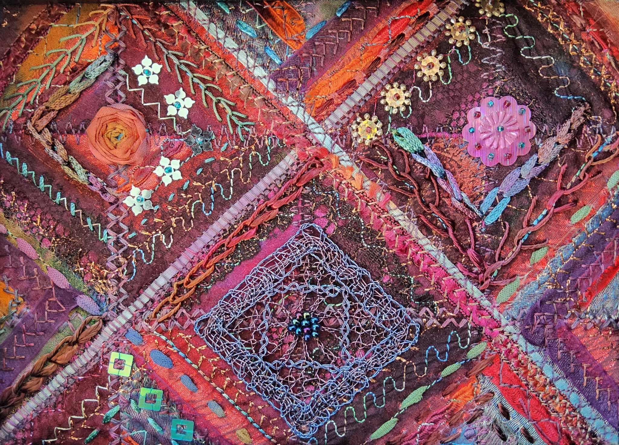 Arabian Nights by Helen Sargent - Detail of a larger patchwork and free embroidery piece using hand and machine embroidery, embellished with beads, sequins and wire lace