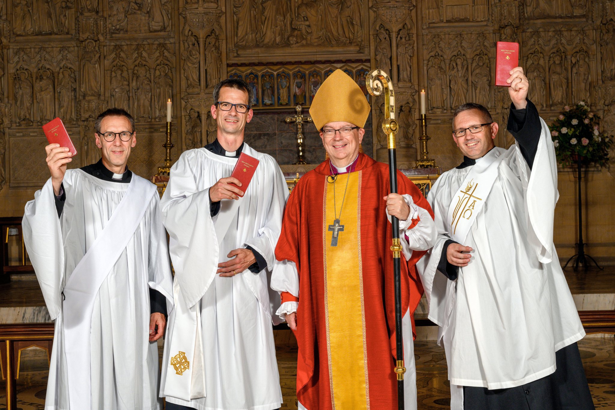 ABOVE: ANDREW Boorne, David Smith and Stephen Guffick, pictured with the Bishop of Truro, headed to Truro cathedral to be ordained as deacons
LEFT: CORNWALL’S newly-ordained priests the Rev Rory Clare (Camborne), The Rev Lisa Coupland (Meneage), The Revd Christopher Harrigan (Redruth), the Rev Jess Lancaster (Moorland and Egloskerry, and Launceston), The Revd Penelope Leach (St Just-in-Roseland and St Mawes), and the Rev Antony Naylor (Three Rivers and Launceston) pictured with the Bishops of Truro and St Germans Philip Mounstephen and Hugh Nelson