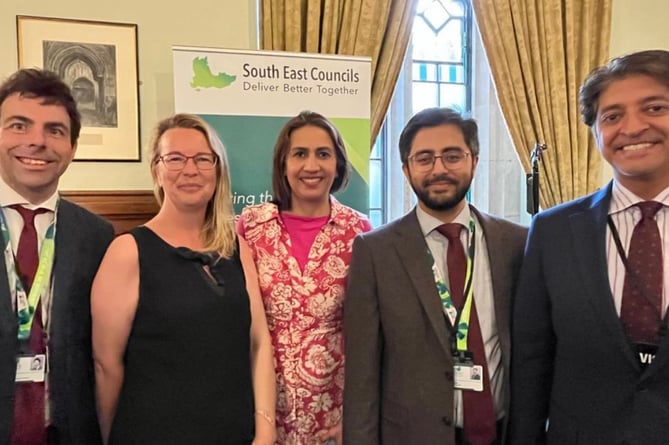 East Hampshire district councillors Andy Tree, Catherine Clark and Adeel Shah spread the word about Whitehill & Bordon in Westminster, July 10th 2023.