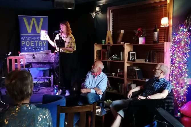 Clare Pollard speaks at the launch of the Winchester Poetry Festival, July 2023.