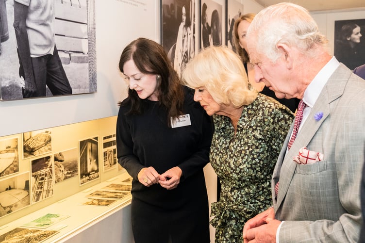 Their Majesties The King and Queen with Anne Barlow (Director of Tate St Ives) at the Barbara Hepworth Museum and Sculpture Garden in St Ives
