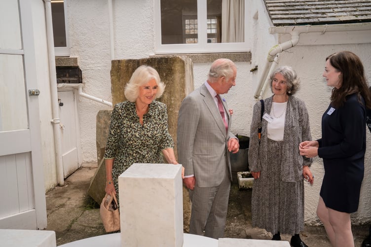 Their Majesties The King and Queen with Dr Sophie Bowness (Barbara Hepworth’s granddaughter) and Anne Barlow (Director of Tate St Ives) at the Barbara Hepworth Museum and Sculpture Garden in St Ives,