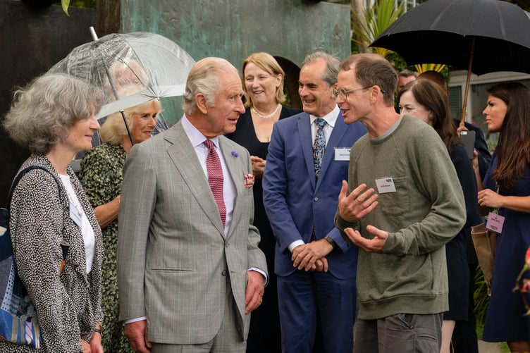 Their Majesties The King and Queen with (left to right) Dr Sophie Bowness (Barbara Hepworth’s granddaughter), Dame Jayne-Anne Gadhia (Trustee of Tate), Roland Rudd (Chair of Tate) and Jodi Dickinson (Head Gardener of the Hepworth Sculpture Garden) at the Barbara Hepworth Museum and Sculpture Garden in St Ives