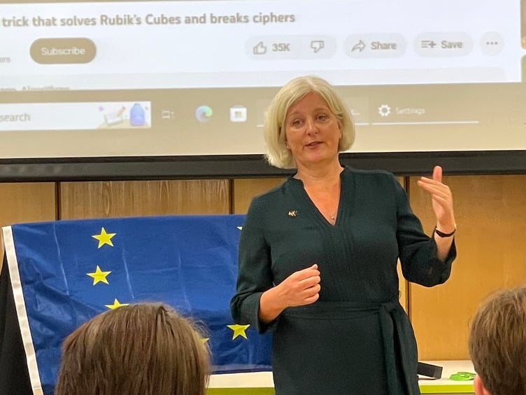 Former Member of the European Parliament, Caroline Voaden speaking at Queen Elizabeth’s School. AQ 2614
