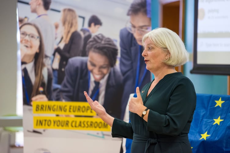 Former Member of the European Parliament, Caroline Voaden speaking at Queen Elizabeth’s School.