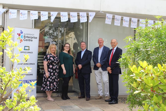Council Leader David Clifford inspected the works at the new Aldershot Enterprise Centre on 18th July 2023. From left TO right: Jo Harper, Assistant Centre Manager, Aldershot Enterprise Centre; Lorna Oldham, Centre Manager, Aldershot Enterprise Centre; David Clifford, Leader of Rushmoor Borough Council; Peter Grant, Chief Executive, WSX Developments Ltd; Ian Cambrook, Board Chairman, WSX Developments Ltd.