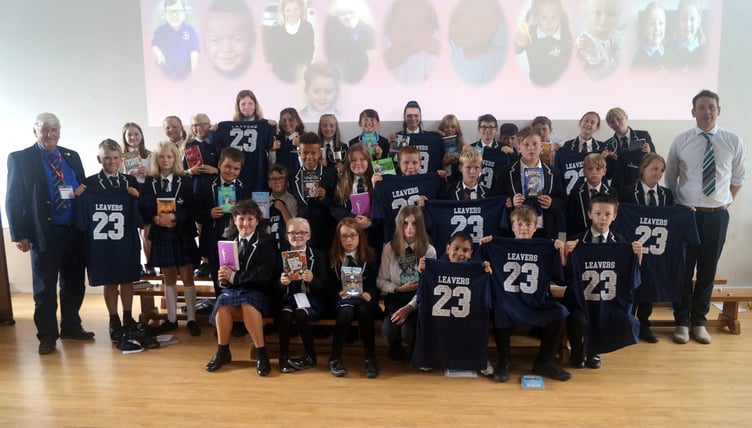 3. Pupils from Dartmouth Academy with Rotary President Hilary Bastone (left) and Head of Year 6 Jack Pemberton (left), who is leaving the school after ten years