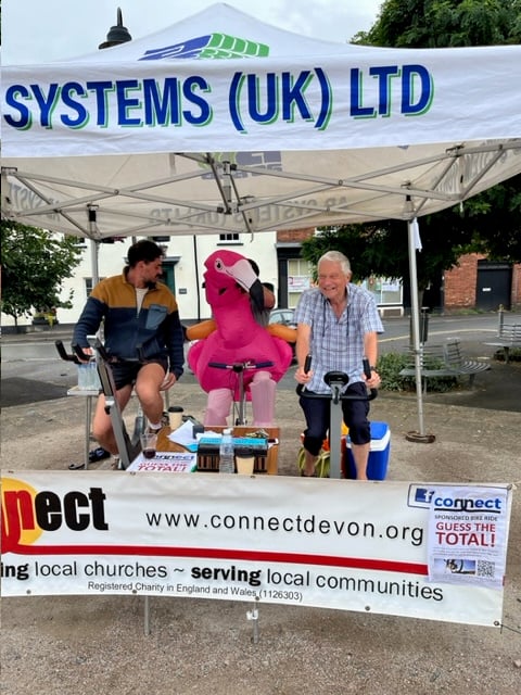 Some of the Connect schools work team and volunteers during the 12-hour cycle challenge in Crediton Town Square.