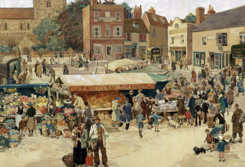 <p>Market Day at Petersfield Market Square 1939</p>