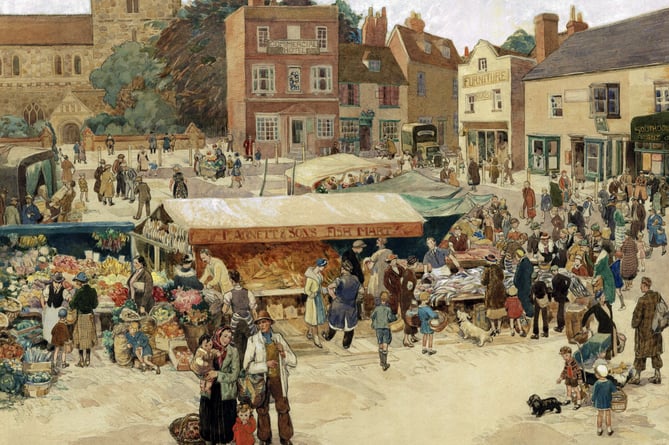 Market Day at Petersfield Market Square 1939, by Flora Twort.