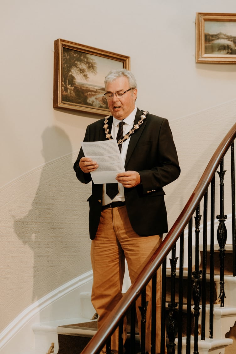 MCC Chair Cllr Meirion Howell at the unveiling of the Turner watercolour