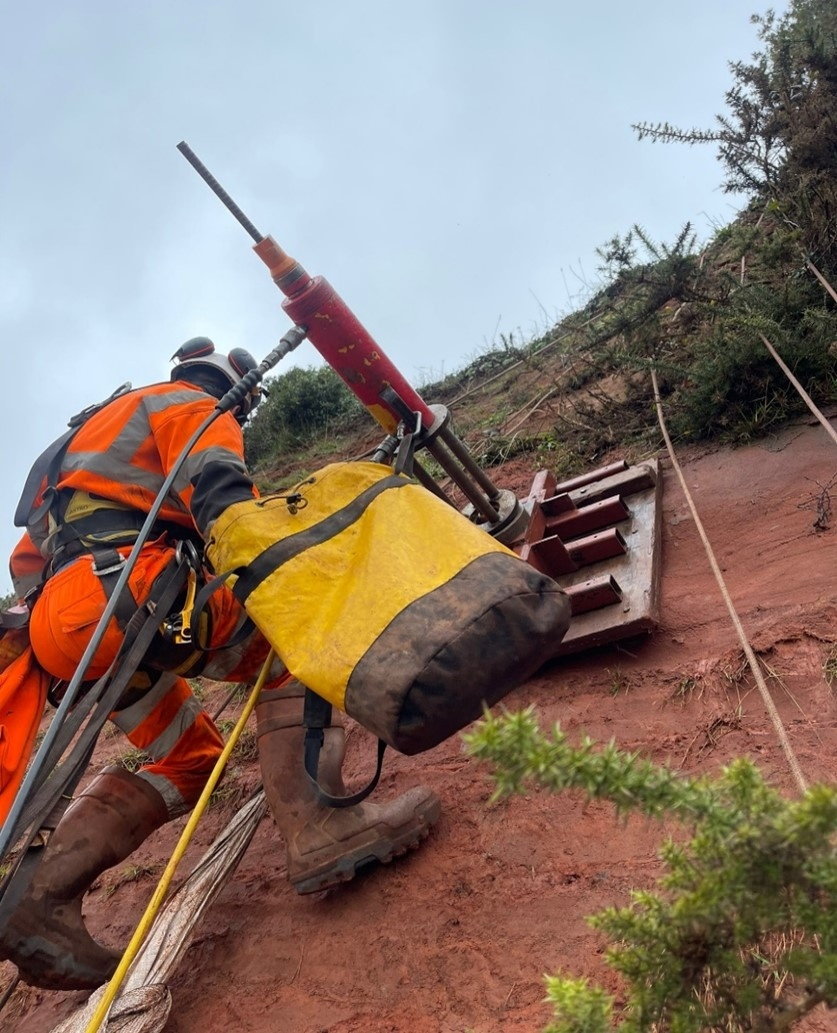 Network Rail BAM Nuttall contractors work on cliff stabilisation between Dawlish and Holcombe