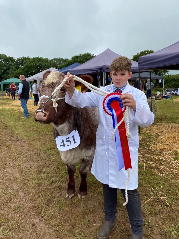 Jack Moon from Ashwater pictured here with Quethiock Flossy Scarlett after being crowned champion young hander. “My heifer was being a bit naughty to begin with, but she calmed down and we held it together,” Jack said. Jack has been showing cattle for four years since he was 10 years old