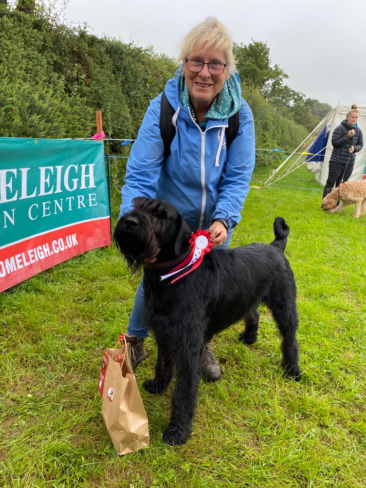 Sue Sherborne from Bideford is pictured here with her giant schnauzer ‘Pi’. The pair has just been placed first in the handsomest fella class in the dog show. It was the pairs first time at Launceston show