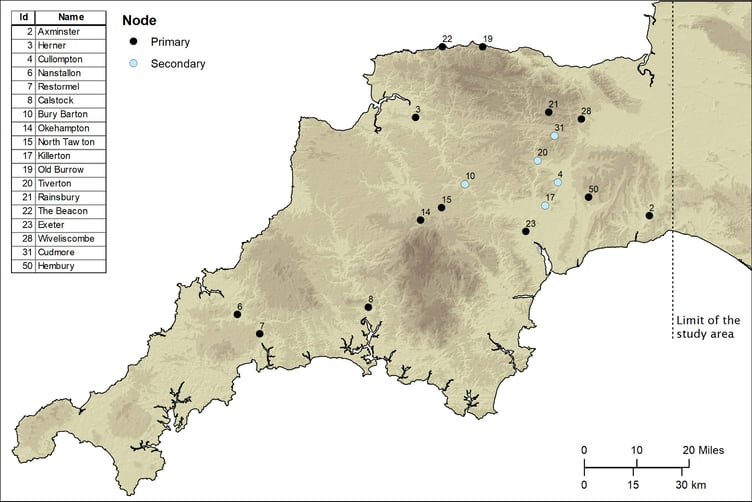 Primary and secondary nodes in the study area.