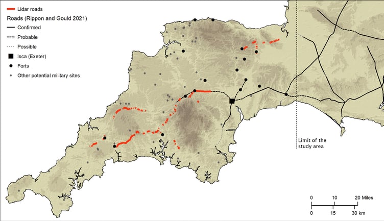 New sections of Roman roads in the South West Britain identified through the 2022 National LiDAR Programme data, which covers the whole study area.