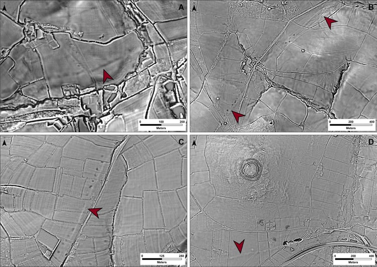 Examples of segments of Roman roads identified from the LiDAR-derived terrain models provided by Environment Agency’s ‘National LiDAR Programme’.