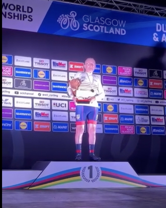 Brian Lewis on the podium after winning the Gran Fondo time trial. Picture: Susan Oldham.