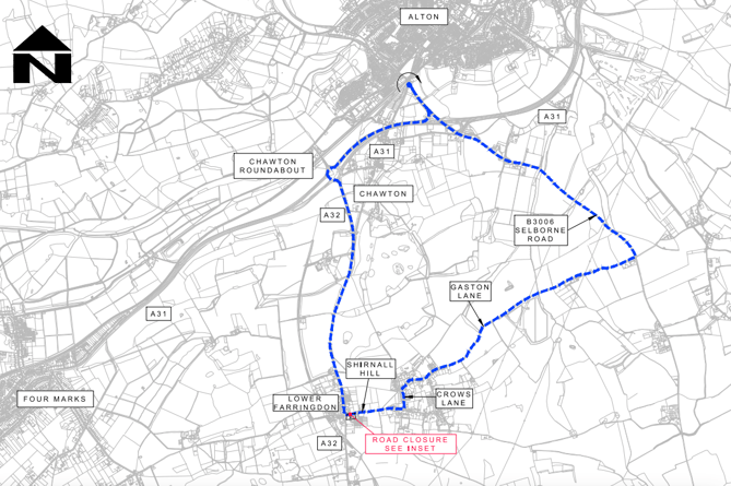 A map of current diversion routes taking traffic away from the A32 through Farringdon