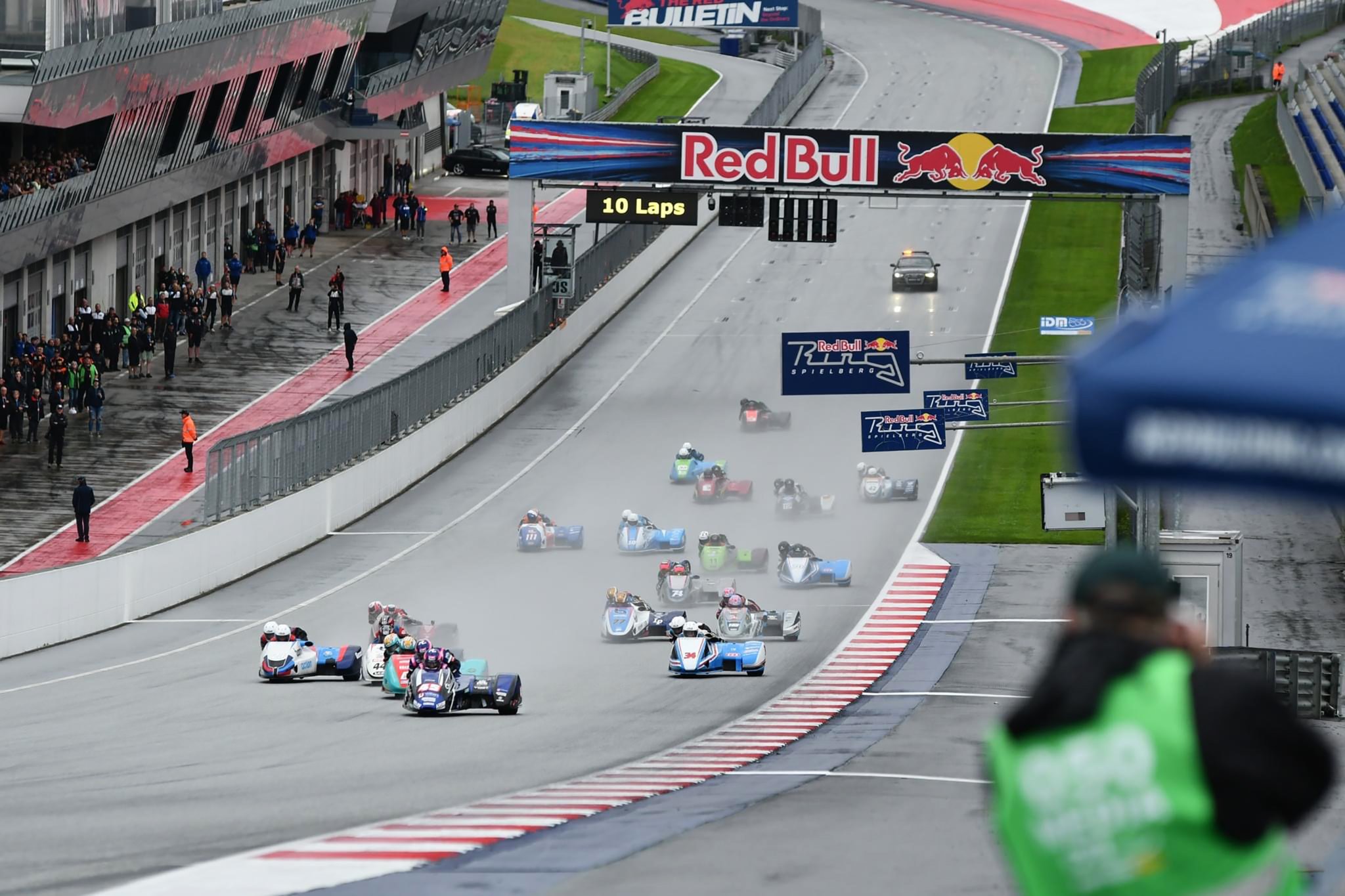 Local sidecar driver Harry Payne and French passenger Kevin Rousseau (in the No.45 machine) grab an early lead on their way to winning the sprint race at the Red Bull Ring in Austria last weekend