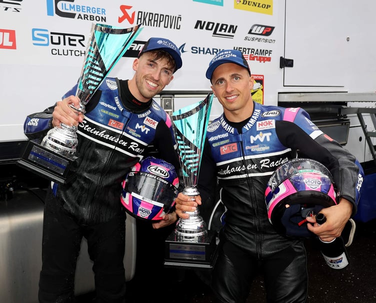Harry Payne (left) and French passenger Kevin Rousseau celebrate winning the sprint race at the Red Bull Ring
