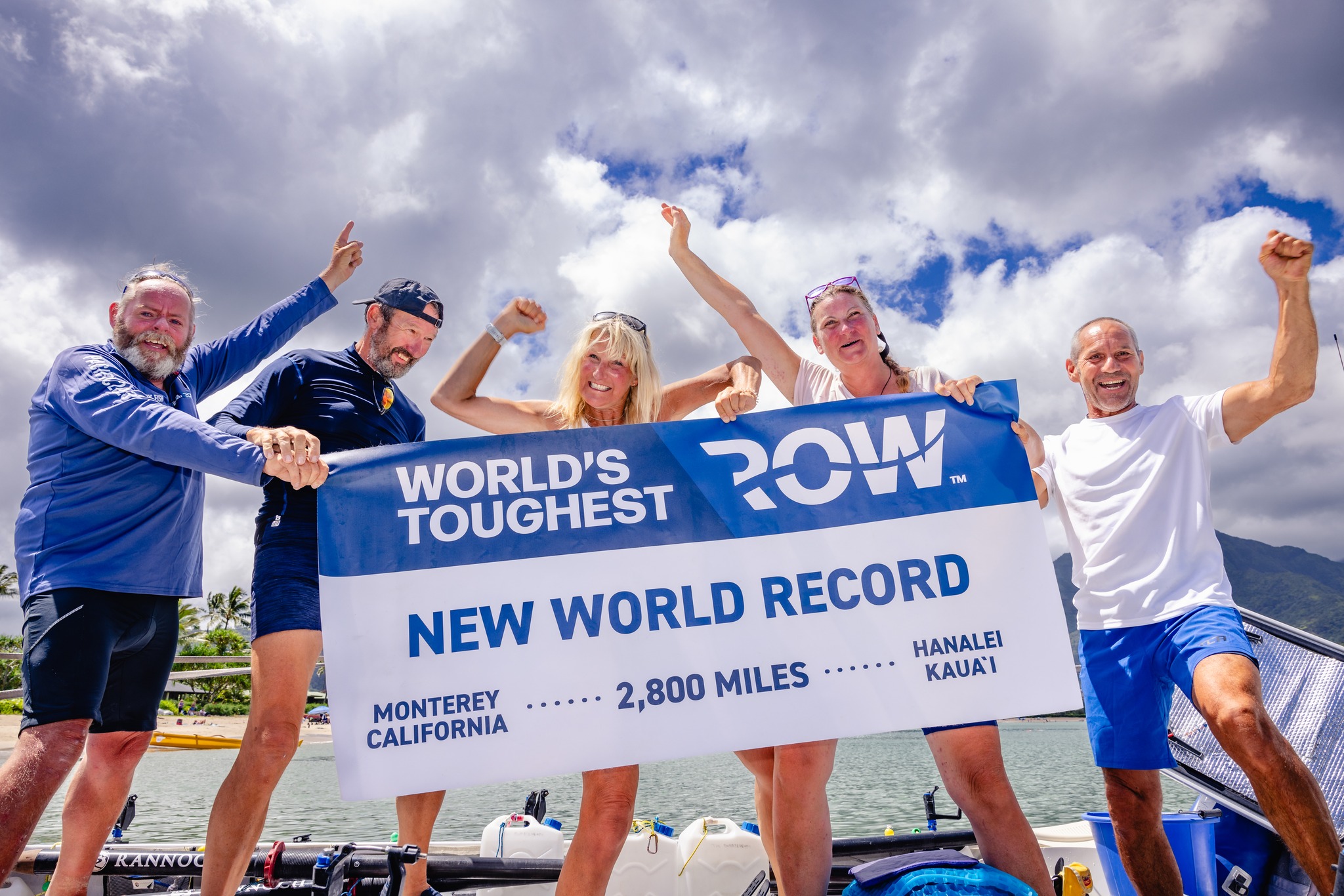 Credit World's Toughest Row: Flying Fish, the first ever team of five to row the mid-Pacific, completed the World's Toughest Row - Pacific 2023 and set a new World Record. Crew member Huw Carden also set a record for the oldest person to cross the mid-Pacific aged 63. The team, also including Andy Warner, Elaine Theaker, Alison Wannell and Neil Blackeby rowed 2,800 miles across the Pacific Ocean in in 55 days, 5 hours and 44 minutes.